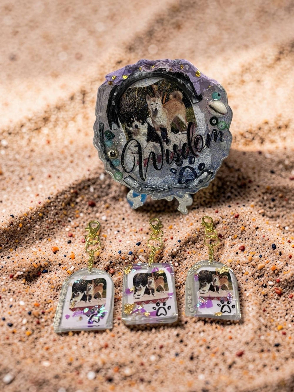 Personally designed Handmade Purple Resin Dog Keychain Set with 'Wisdom' Display